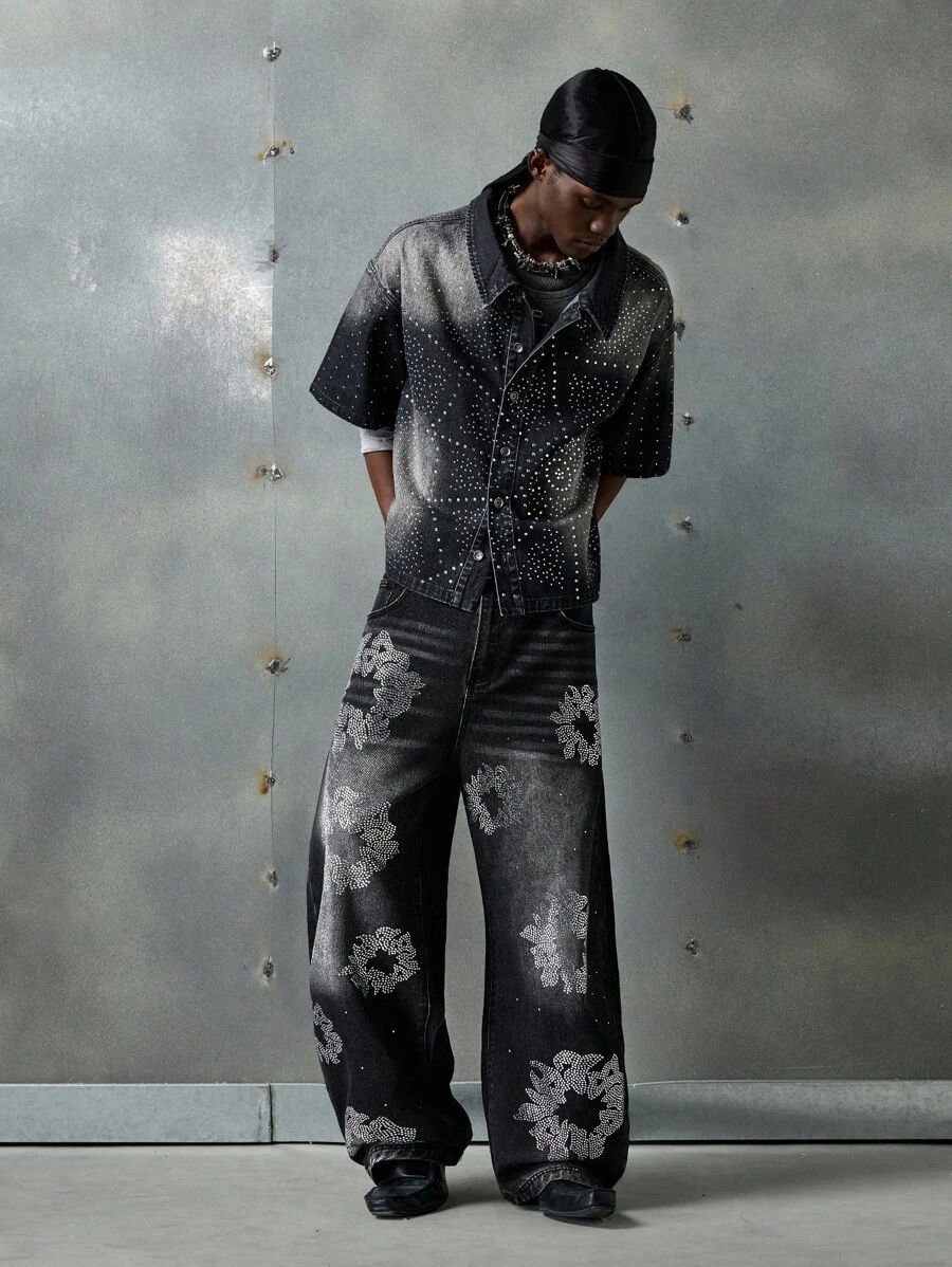 NEON BLANC Jeans casuales de corte holgado, de ajuste relajado, con patrón floral de rhinestones para hombre