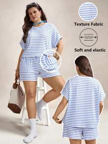 SHEIN LUNE Plus Size Women Striped Round Neck Batwing Sleeve Top And Shorts 2 Pieces Set,Blue And White Summer Smart Casual Holiday Office Outfits Fall Clothes - Blue and White - View 2