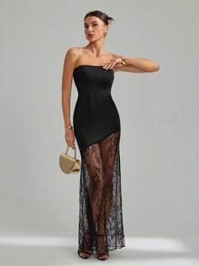 SHEIN Tall Elegant Black Lace Strapless Bodycon Dress With Asymmetrical Hem For Valentine's Day, Wedding, Party Concert Rave Outfit Women Dresses Prom - Black - View 4