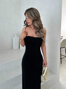 Jemour 後背繫帶十字交叉高衩吊帶洋裝 - 黑色 - 查看 5