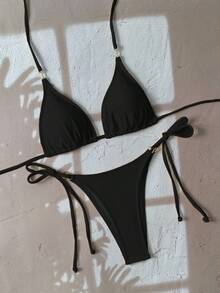 Swim SXY Summer Beach Women's Metal Clasp Halter Neck Bikini Set - Black - View 5