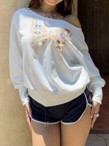 Sunnyshic Áo nỉ dài tay dáng rộng in hình bướm 3D cho nữ mùa thu - trắng - Xem 5