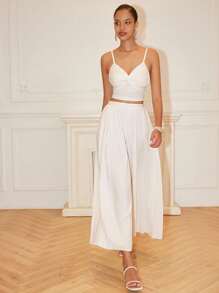 Chiquease Women's 2 Pieces Set, High Stretch Knitted Drapey Fabric, Pleated, Solid Color, Bodycon, Spaghetti Strap, Deep V-Neck, Twist Knot, Pleated, Chest Ruffle, Open Back, Wide Leg, Cinched Waist, Suitable For Holiday, Vacation, Wedding Party, Elegant, Sexy, Glamorous, Romantic, Casual, Minimalist, Commute, Chic, Spring/Summer Ladies Camisole And Wide Leg Pants, Ladies 2 Pieces Set All White Looks Of Party - White - View 5