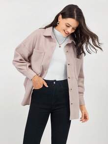 Miaspire 休闲纯色落肩口袋贴布大衣 - 杏色 - 查看 4