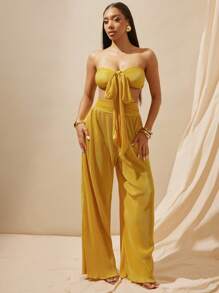 Vixey Solid Pleated Yellow Satin Side Zipper High Waist Wide Leg Pants - Yellow - View 1