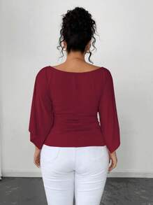 SHEIN Elenzya 大码女式针织高弹力喇叭袖圆领纯色优雅T恤 - 酒紅色 - 查看 2