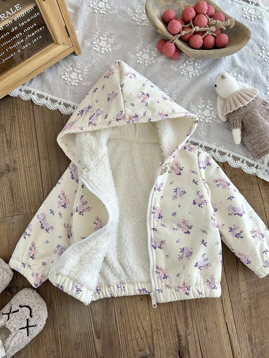 SHEIN Baby Girls Toddlers 0-3 Yrs Casual Hooded Fluffy Ditsy Floral Outerwear, Warm For Autumn/Winter Fall - Apricot - View 1