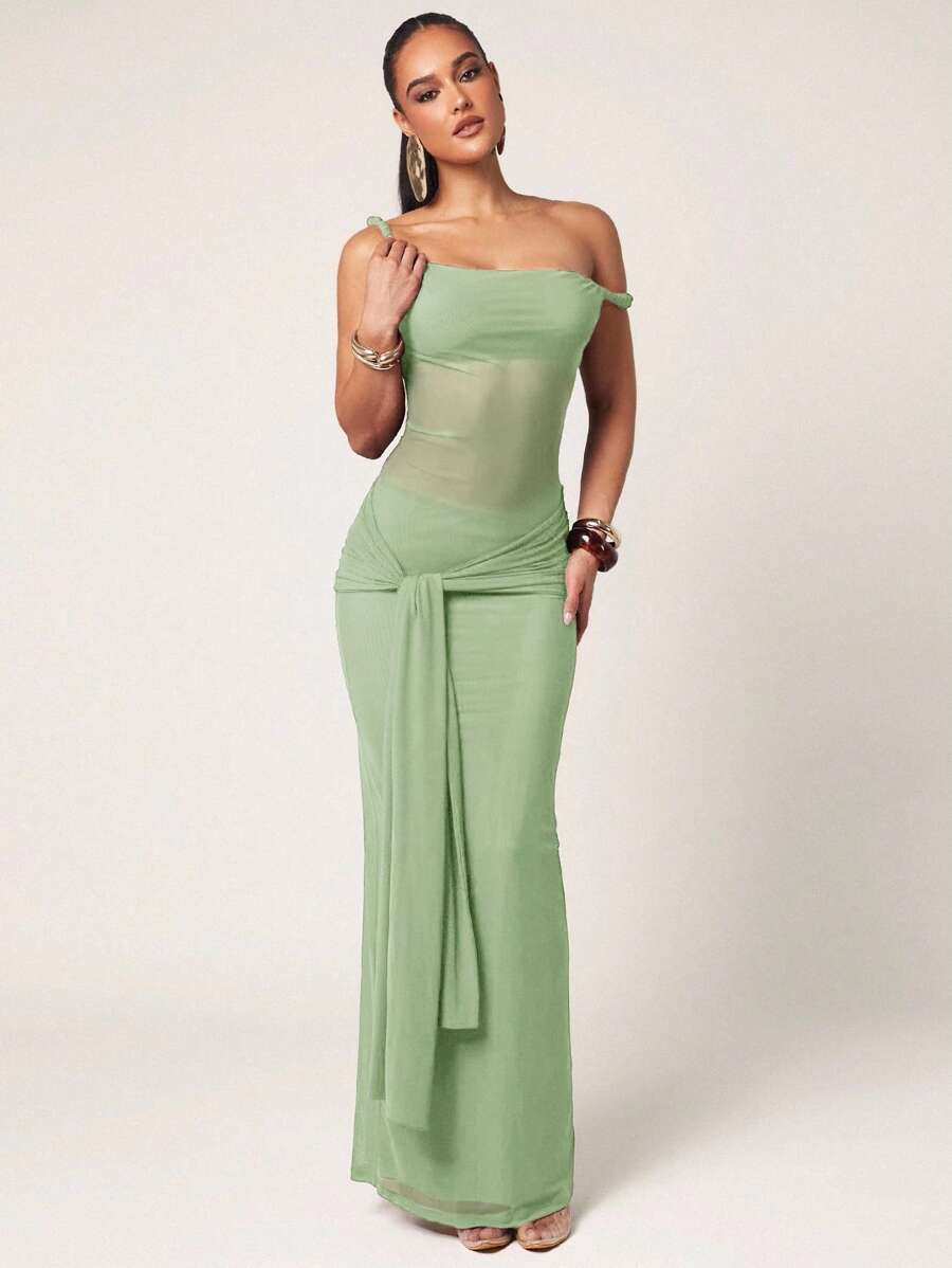 Silquee 女式纯色不对称领口修身前结鱼尾下摆时尚连衣裙 - 薄荷綠 - 查看 1