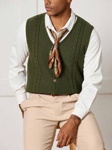 Manfinity CityGents Men's V-Neck Casual Versatile Twist Pattern Knit Vest Old Money Aesthetic