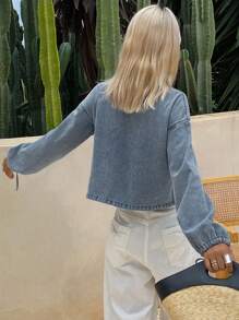 Livesso 女士夏季系带灯笼袖牛仔上衣、牛仔夹克、秋季女装 - 藍色 - 查看 2