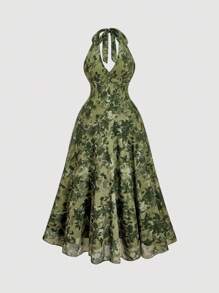 SHEIN MOD Plus Size Floral Print Halter Midi Dress,Wedding Guest Dress Women - Army Green - View 1
