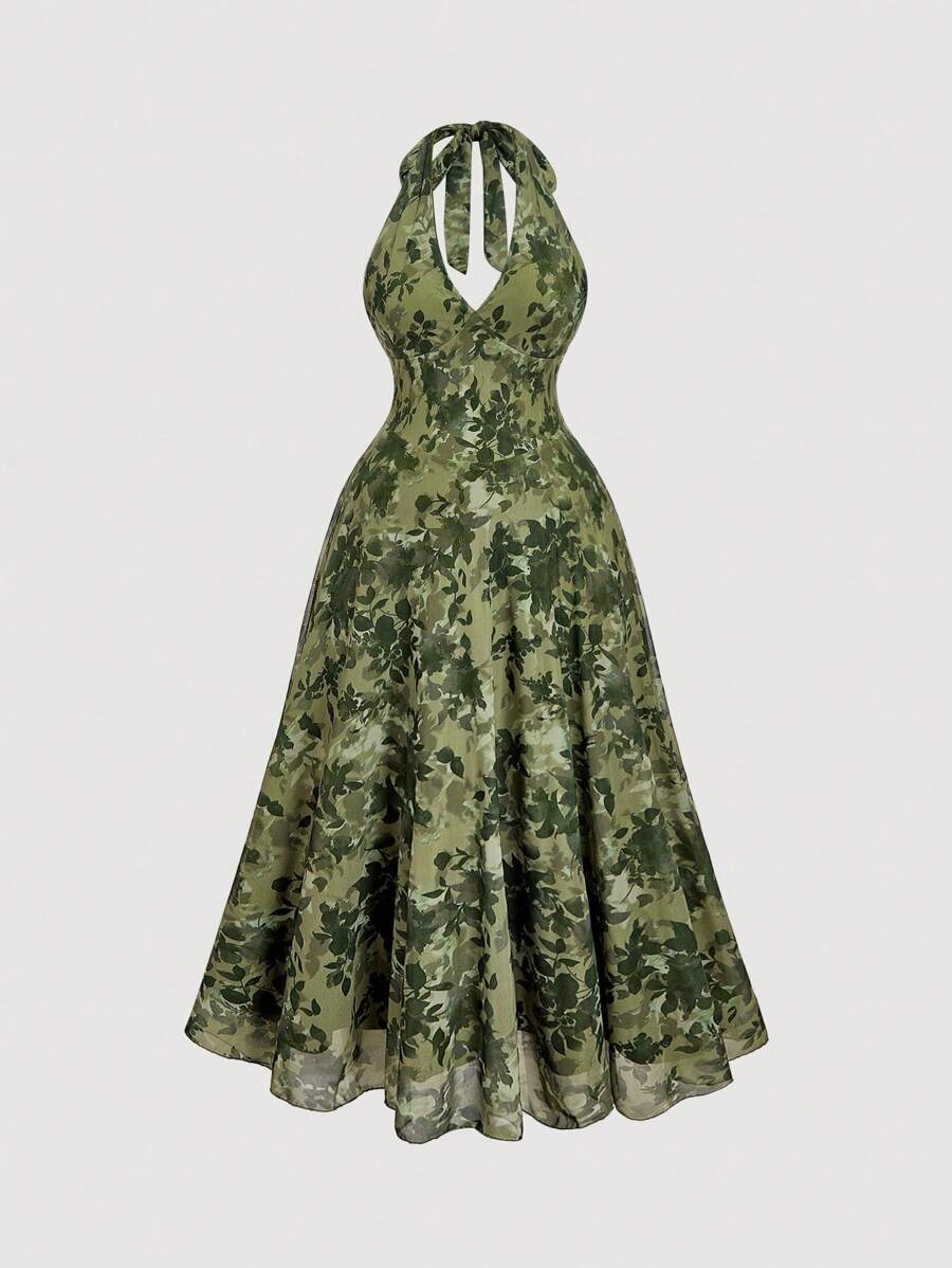 SHEIN MOD Plus Size Floral Print Halter Midi Dress,Wedding Guest Dress Women - Army Green - View 1