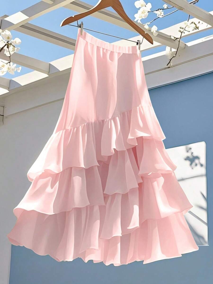 Celisse 女式优雅层叠荷叶边蛋糕裙，A字廓形，简约风格，春夏