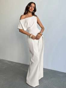 Aloruh 女士优雅商务通勤日常休闲办公室服装教师服装老款端庄斜肩不对称纯色返校节连体裤杏色褶皱阔腿宽松时尚不对称肩连体裤 - 杏色 - 查看 6