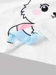 女童可爱兔子印花休闲宽松圆领短袖上衣和裤子套装 - 藍色 - 查看 4