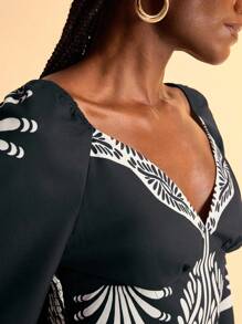 CAJUNI Women's Casual Vacation Tropical Print Long Sleeve Tops Autumn Women's Concert Tops Going Out Tops Women's Bohemian Style Women's Birthday Casual Blouses For Ladies  Black Top - Black and White - View 6