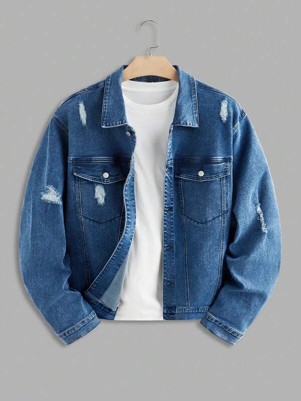 EASEVO Plus Size Men's Casual Street Style Ripped Pocket Denim Jacket