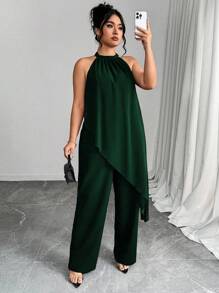 Elenzga Casual Plus Size Halter Jumpsuit With Asymmetrical Knot Design And Flowy Full-Length Style - Dark Green - View 6