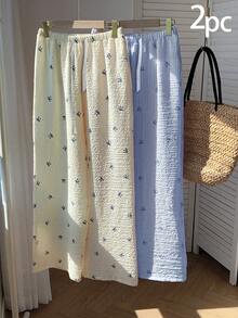 Comfortcana 2pcs/Set Women Bow Print Elastic Waist Loose Wide Leg Casual Pants