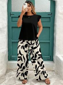 EMERY ROSE Plus Size Casual Solid Color Top And Floral Print Pants 2 Pieces Set Suitable For Going Out,Holiday Outfits For Women Fall Clothes,Flower/Spring/Summer/Vacation - Multicolor - View 7