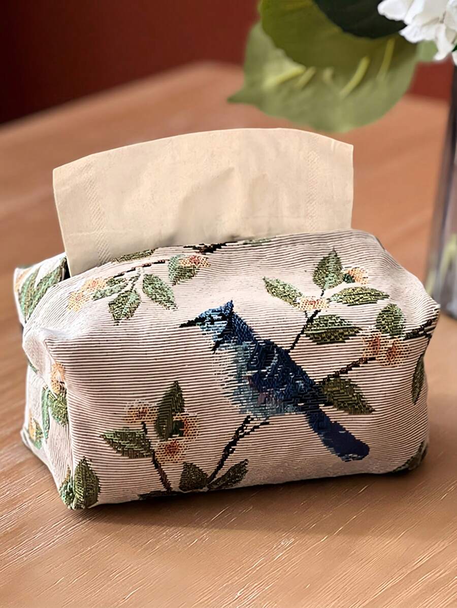 Hộp đựng khăn giấy vải lanh kiểu Pháp sang trọng trang trí nhà cửa, để bàn ô tô, đế chống trượt, thêu hoa, dùng làm quà tặng thiết yếu, bao bì tiện dụng - trắng - Xem 1