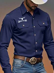 Manfinity Nomadique Manfinity Nomadique  Men's Western-Style Brown Loose-Fit Floral Heat-Transfer Long-Sleeve Shirt - Suitable For Halloween, Fall Casual Outings & Western-Themed Events, Also A Thoughtful Gift For Husbands/Boyfriends.