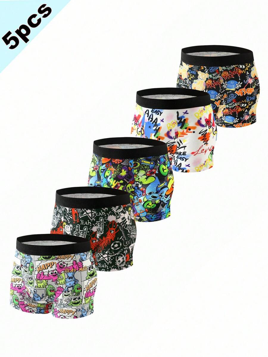 5pcs Boys' Cartoon Print Boxer Brief Underwear, Toddler & Big Kids Graffiti Print Briefs - Multicolor - View 1