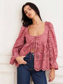 GENKIRA New Autumn Heavy Embroidery Beer Festival Brick Red Embroidery Deep Round Square Collar Tie Long Sleeve Shirt Fall Cloth For Women - Dusty Pink - View 3