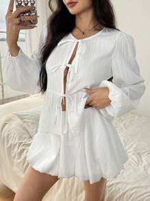 SHEIN EZwear 2 件套女士纯色系带前褶边灯笼袖衬衫和裙子套装 - 白色 - 查看 4