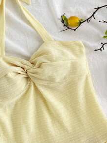 SHEIN 青少年女孩度假优雅纯色扭褶荷叶边下摆挂脖连衣裙