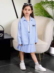 Young Girl Casual Striped Letter Patch Shirt And Pleated Skirt Set - Blue and White - View 3