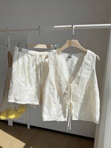 Comfortcana 大码女式花卉提花系带背心和短裤两件套，休闲 - 杏色 - 查看 4