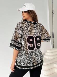 SHEIN EZwear Plus Size Leopard Print V-Neck See-Through T-Shirt, Spring/Summer - Multicolor - View 2