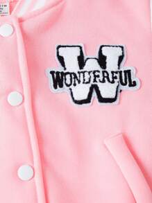 SHEIN Explorewe 2pcs Young Girls Preppy Style Light Pink Baseball Jacket & Pleated Skirt Set,Autumn Back-To-School Career Day Embroidered Letter Contrast Outerwear - Pink - View 6