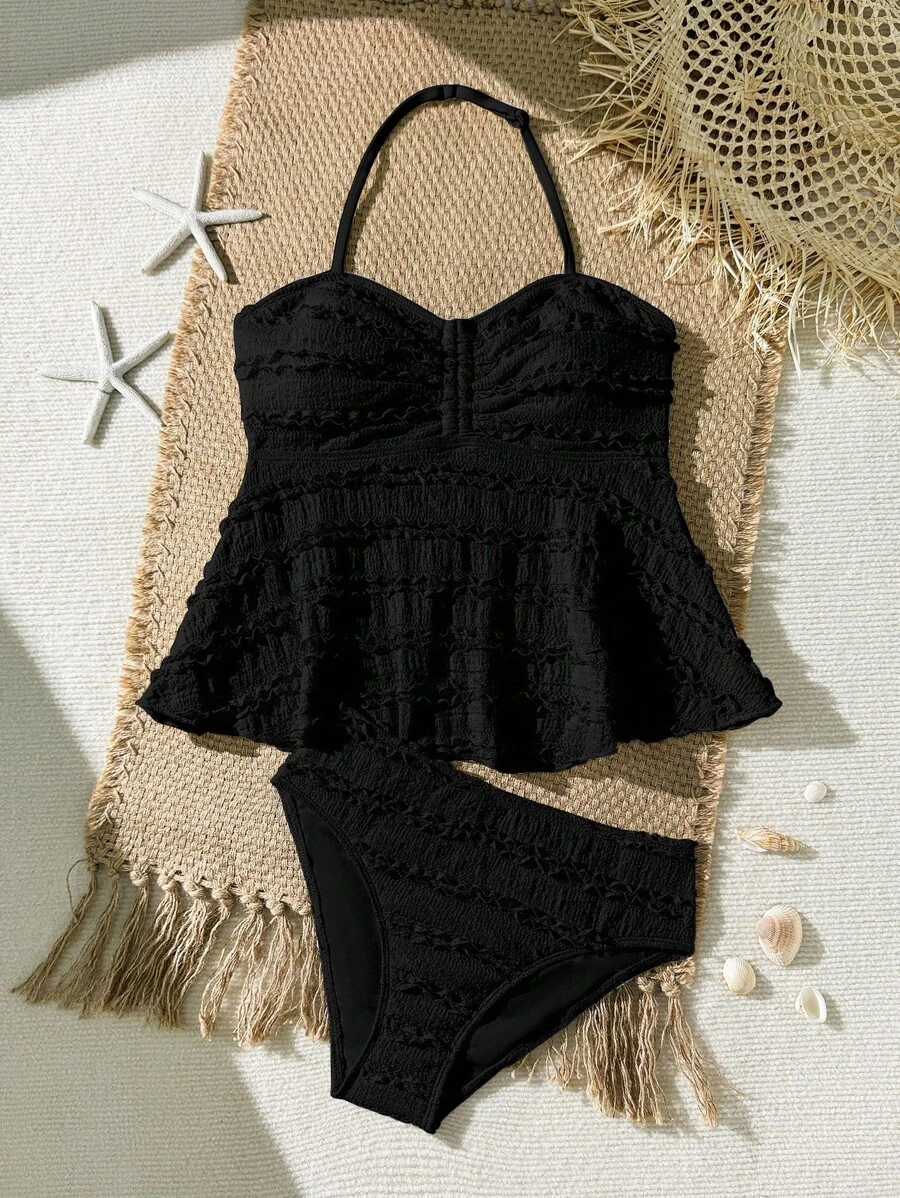 SHEIN 少女纯色纹理面料分体泳衣，罩杯褶皱设计，欧美时尚，适合海滩/度假季节，随机修剪