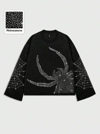 Goth قميص تي شيرت طويل الأكمام بنقشة الماس اللامعة للرجال، قصير وفضفاض المقاس