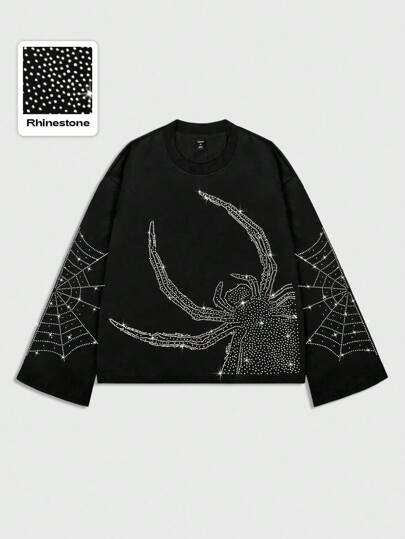 Goth Herren Langarm T-Shirt mit funkelndem Diamantmuster, locker geschnittener Crop-Fit