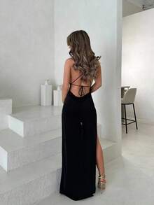 Jemour 後背繫帶十字交叉高衩吊帶洋裝 - 黑色 - 查看 2