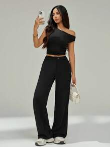 SHEIN PETITE Quần âu nữ co giãn màu trơn thanh lịch phù hợp cho mùa thu đông - màu đen - Xem 4