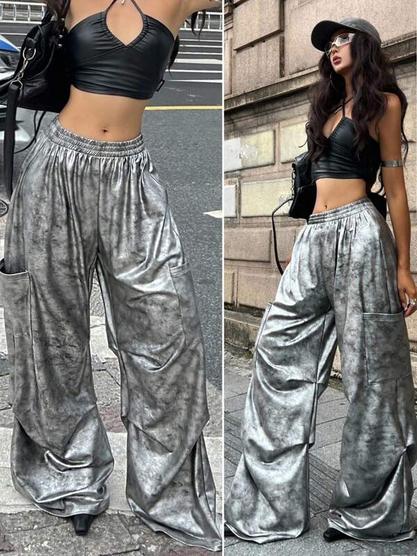 Coolane Women's Summer Streetwear Going Out Glitter Sparkly Pu Cargo Pants