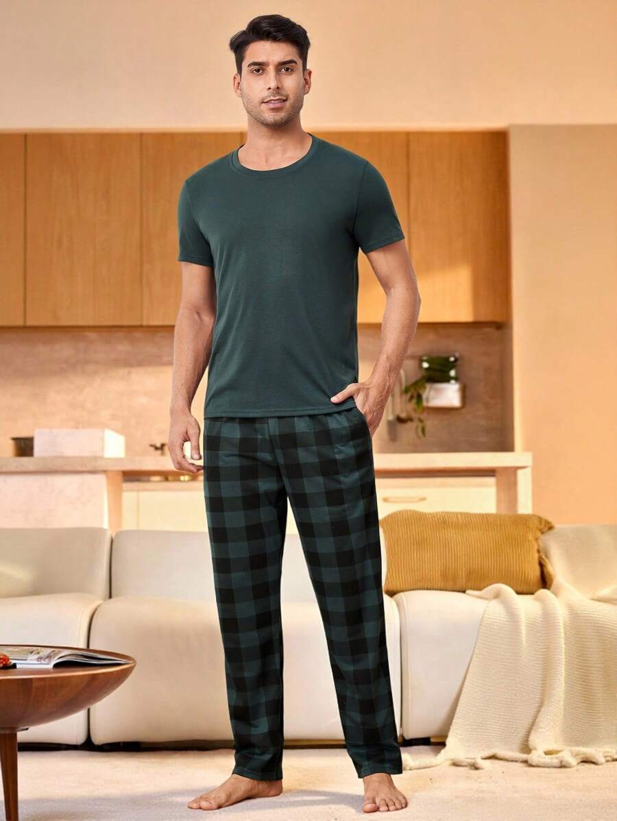 Snug Zone Men's Solid Color Round Neck Short Sleeve Top With Checkered Pants Home Clothes Set - Olive Green - View 1