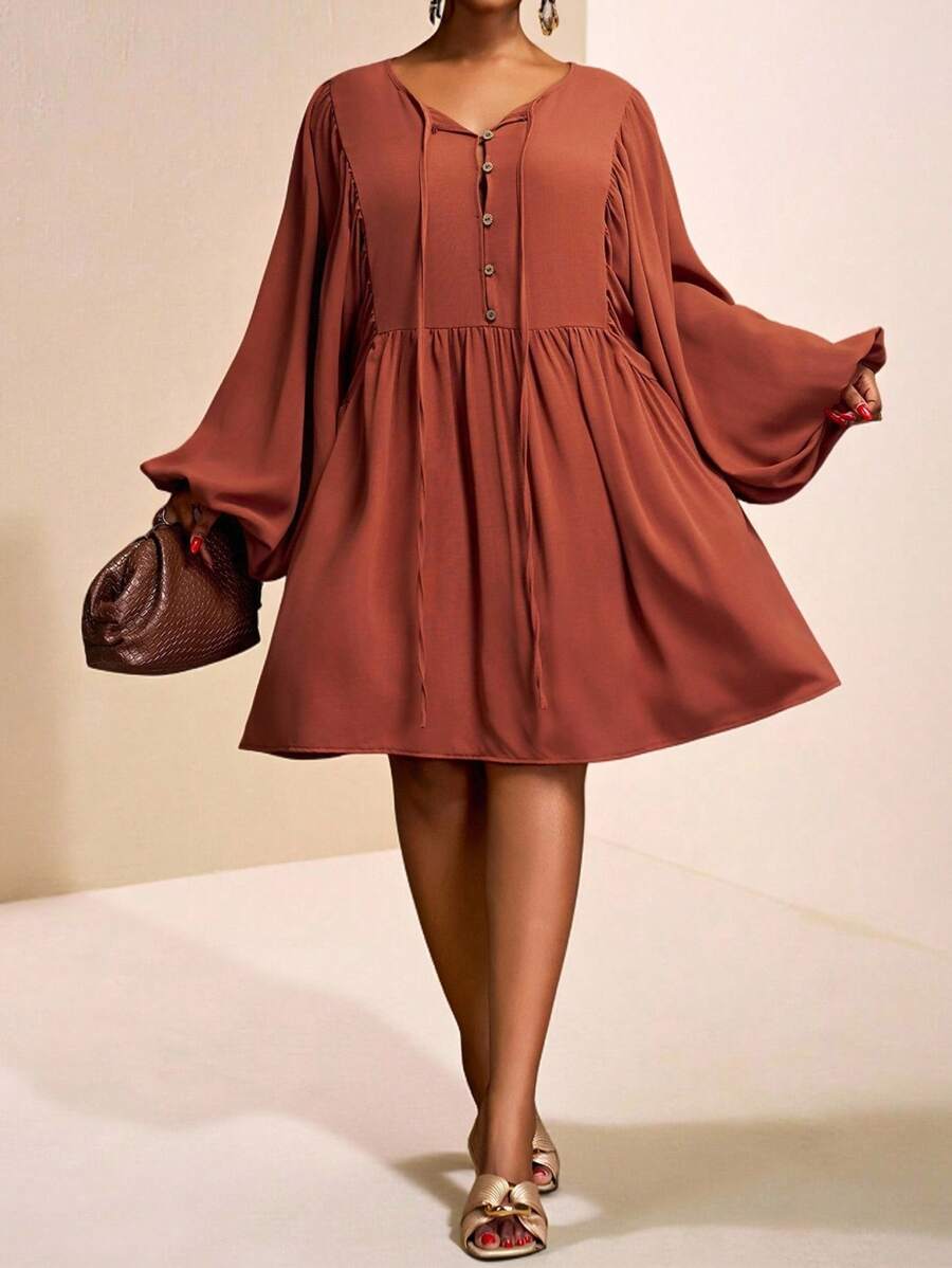 Slaydiva Casual, Versatile, Loose Fit, Vacation, Cruise Travel, Beach Wear Women Plus Size Front Button Tie Sleeve A-Line Dress - Brown - View 1