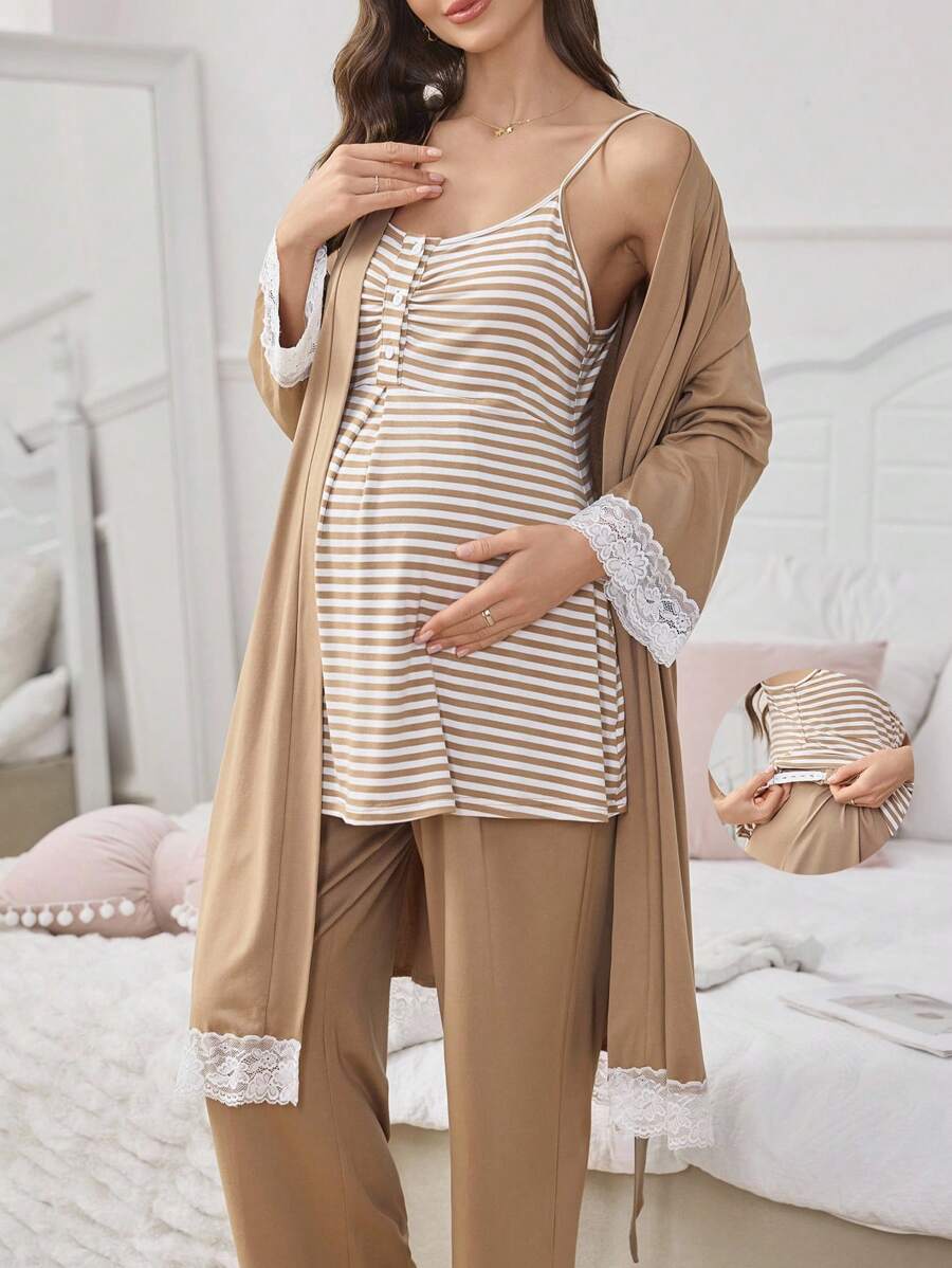 SHEIN Maternity 3pcs Set: Striped Print Cami Top & Pants & Lace-Trimmed Robe For Pregnant Women, Fall Winter Clothes
