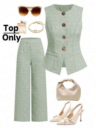 Ellevyn Women's French Style Sleeveless Waistcoat With Large Metal Buttons, Suitable For Commuting