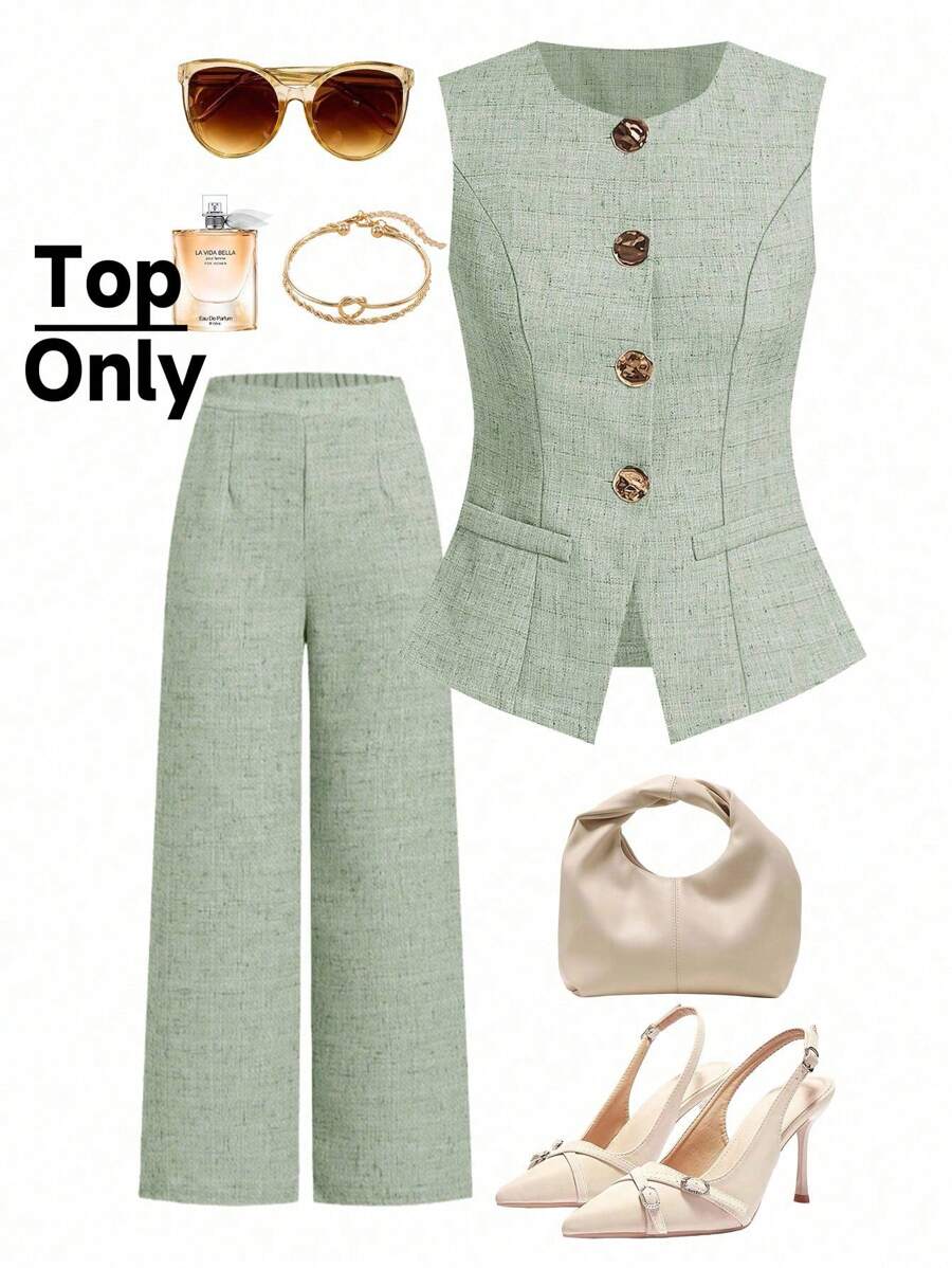 Ellevyn 女士法式无袖马甲，配有大号金属纽扣，适合通勤 - 薄荷綠 - 查看 1