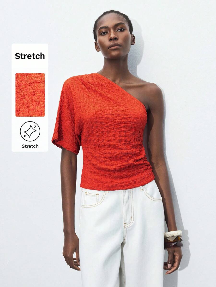 Maija Women's Orange Asymmetrical Neck Side Ruched Design Summer, Urban Casual Slim Fit Shoulder Ruched Front & Side Hem Pullover Top, Suitable For St. Patrick's Day, Spring Break, Easter - Coral Orange - View 1