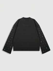 ROMWE MEN Street Life Men's Fashion Rhinestone Face & Star Print Long Sleeve T-Shirt, Fall, 2000s Style - Black - View 2