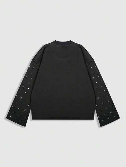 Grunge Punk Men's Fashion Rhinestone Face & Star Print Long Sleeve T-Shirt, Fall, 2000s Style
