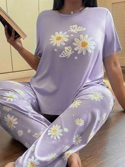 Conjunto de pijama de manga corta con estampado de margaritas y mariposas