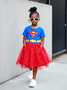 SUPERMAN X SHEIN Young Girl Cartoon Superhero With Golden Belt, Red Star Mesh Blue Short Sleeve Dress, And Cute Design - Multicolor - View 1